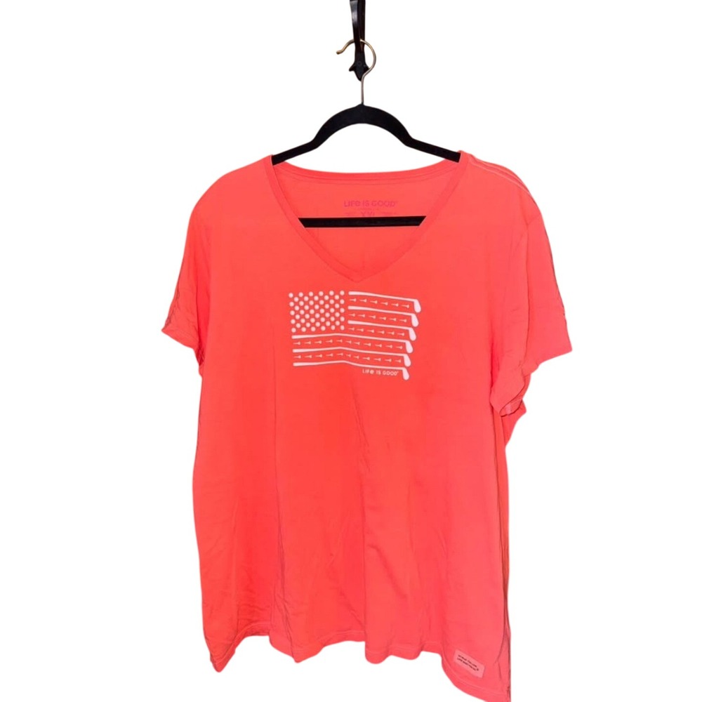 Life is Good Crusher Lite Tee XXL Orange Golf American Flag V-Neck Short Sleeve
